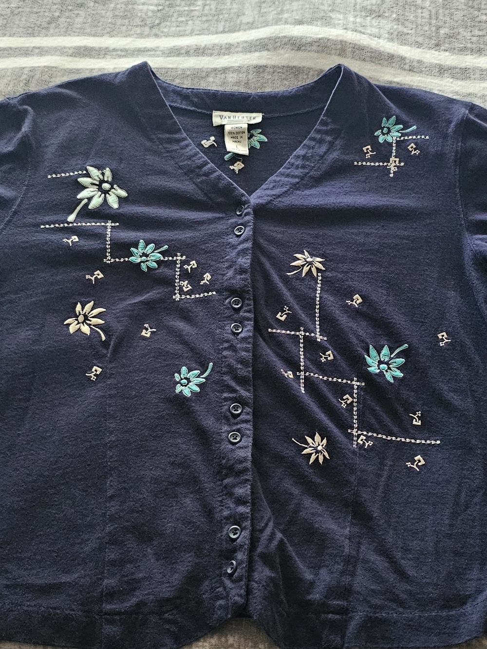 Navy Floral Embroidered Button Shirt. 100% cotton